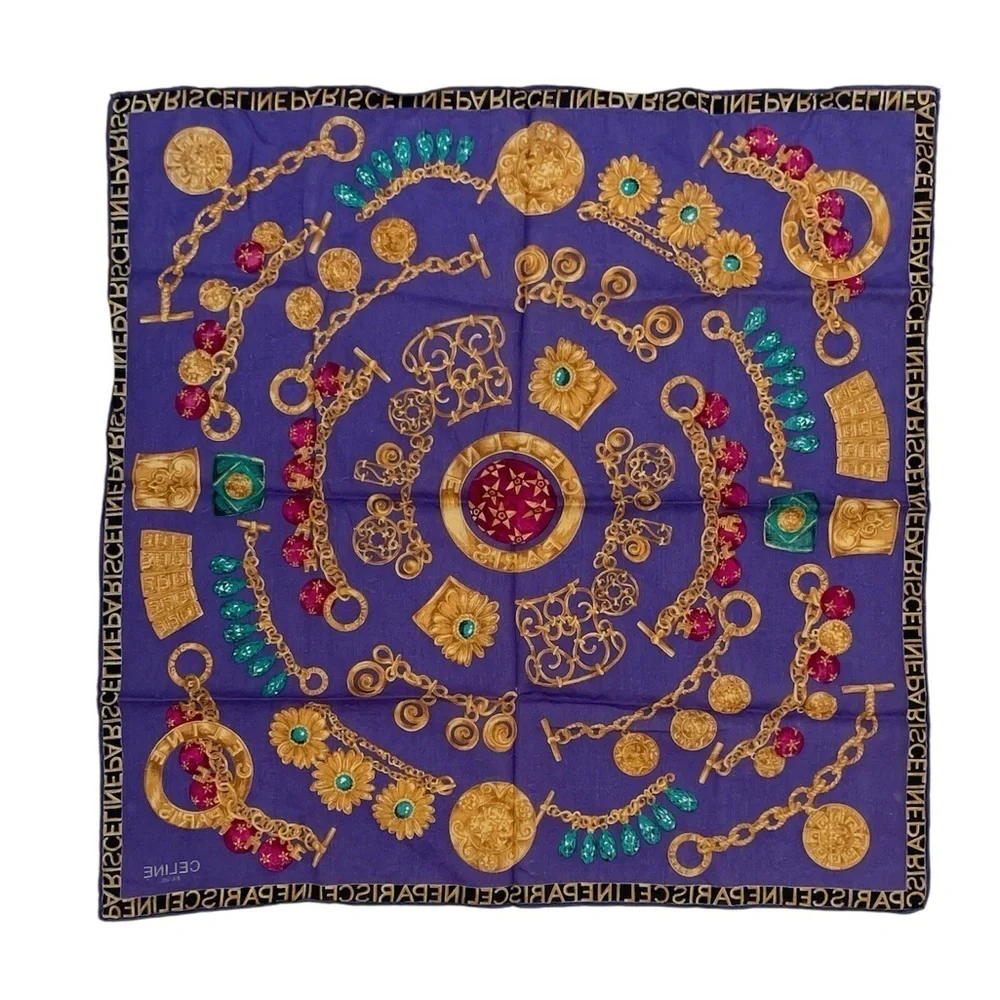 Authentic Celine Vintage Purple and Gold Baroque Handkerchief